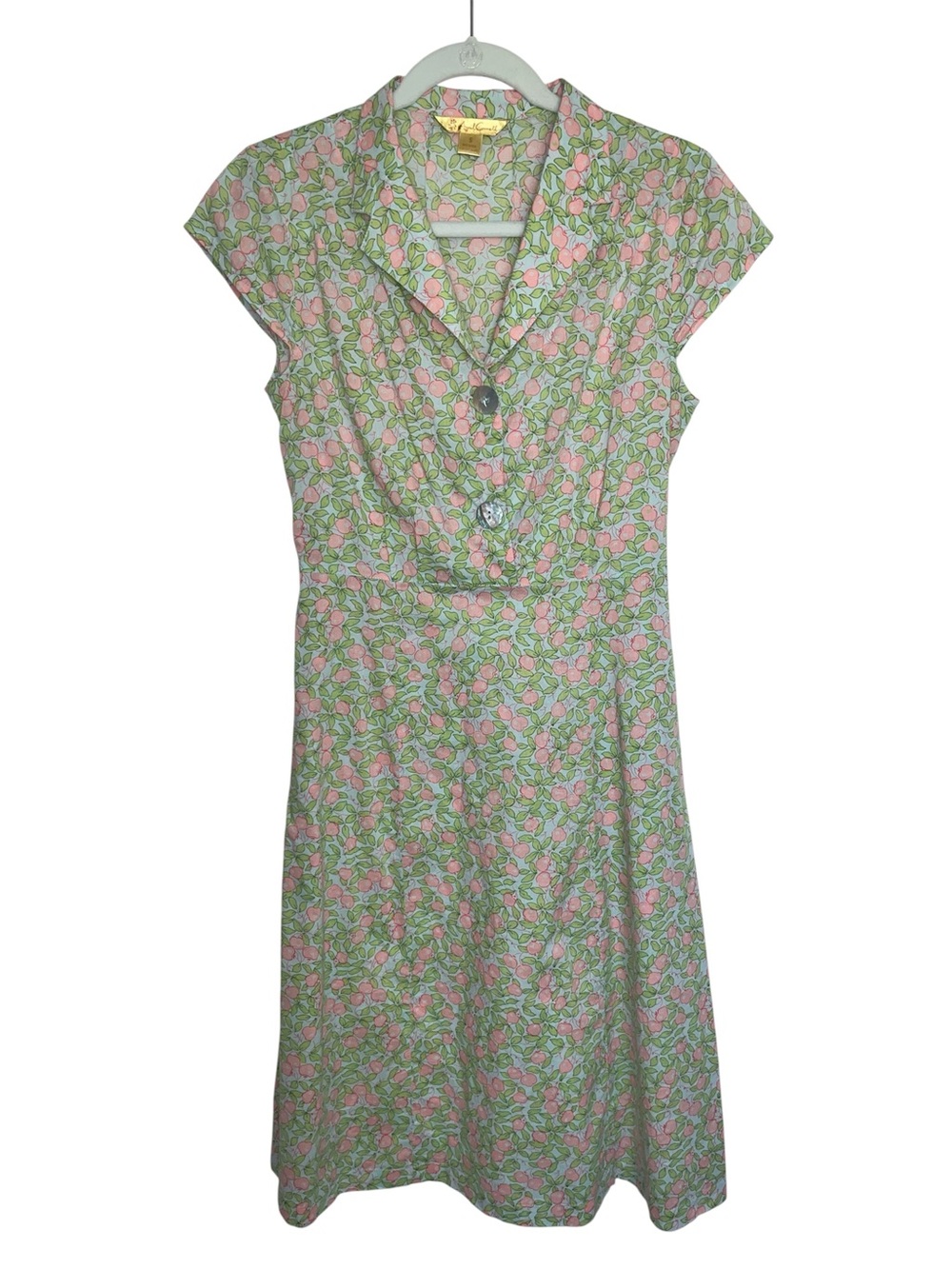 April Cornell Y2K Green Pink Apple Print Cotton Midi Dress Cottagecore Prairie S - Picture 2 of 9